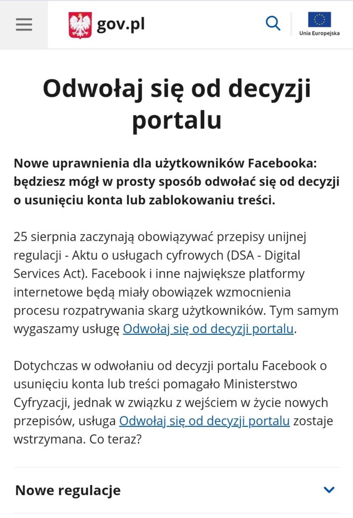 Odwołaj się od decyzji portalu Facebook - rządowe narzędzie