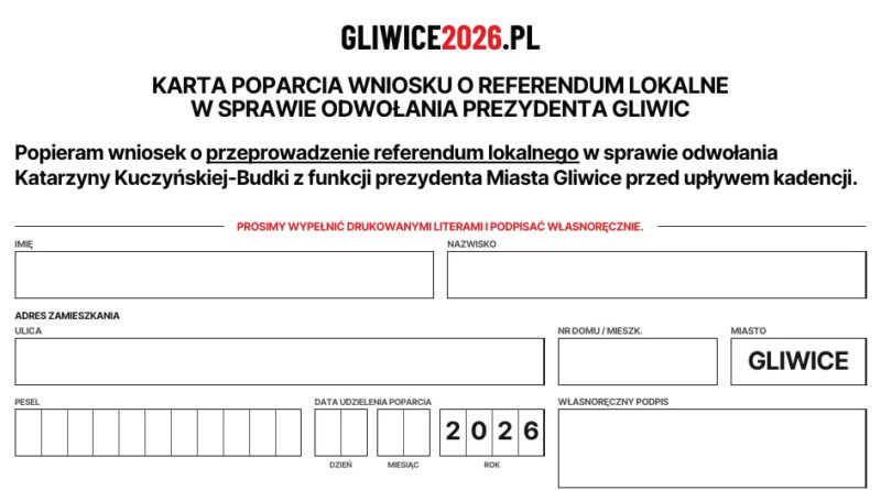 Referendum Gliwice 2026 Karta Referendalna Gliwice 2026